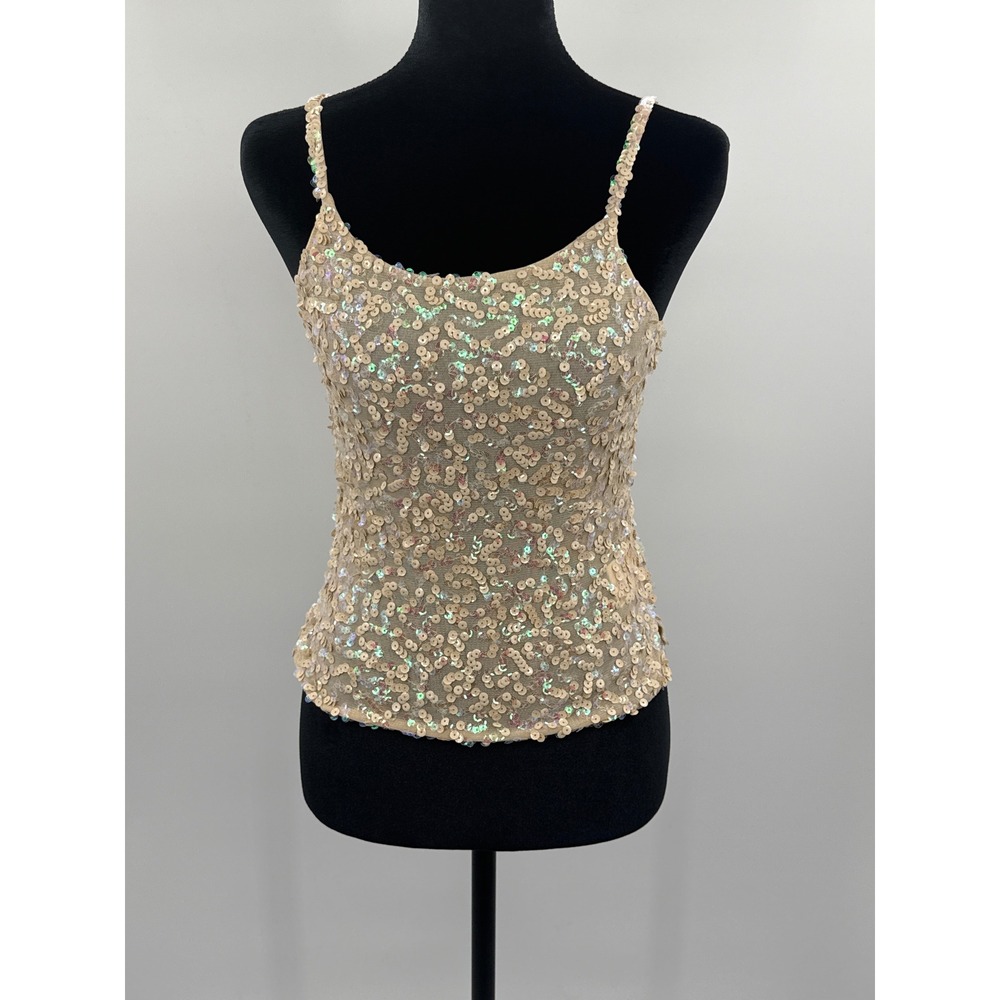 Tell Women Sequin Camisole Top Champagne Iridescent Party Mesh Cami Small
